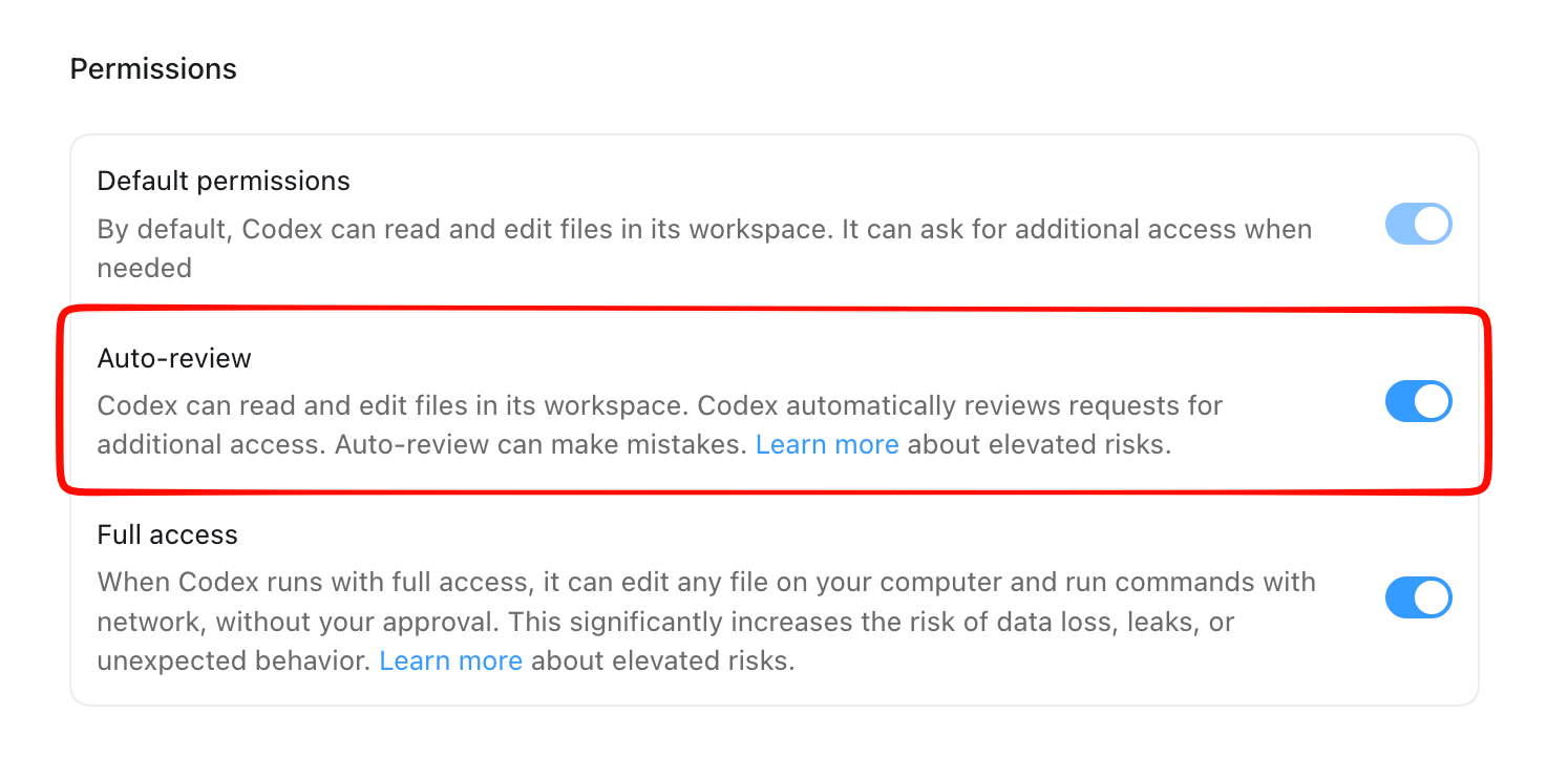 Codex Permissions 页面 Auto-review 设置截图