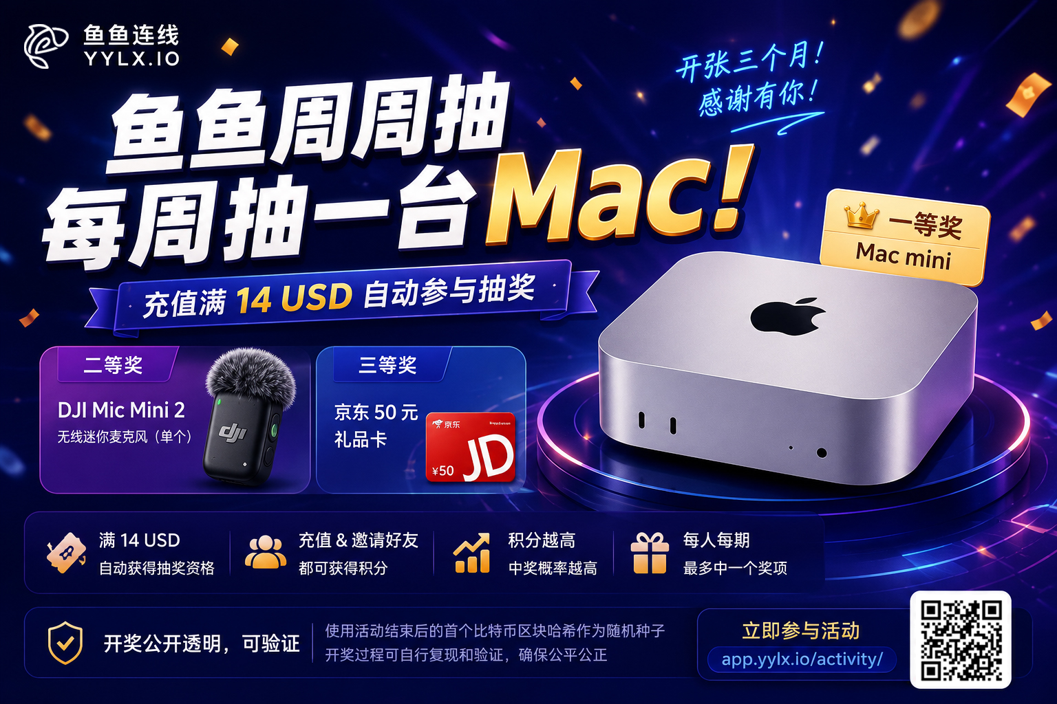 鱼鱼周周抽上线：充值满 14 美元即可参与，开奖过程可验证