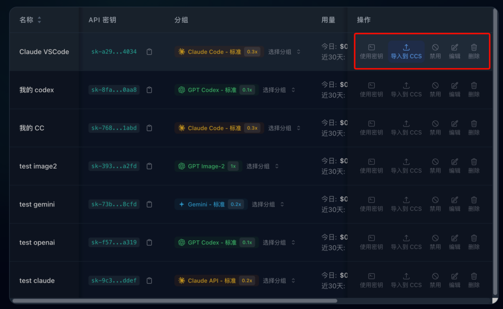 YYLX.IO API 密钥列表点击导入 CCS 按钮