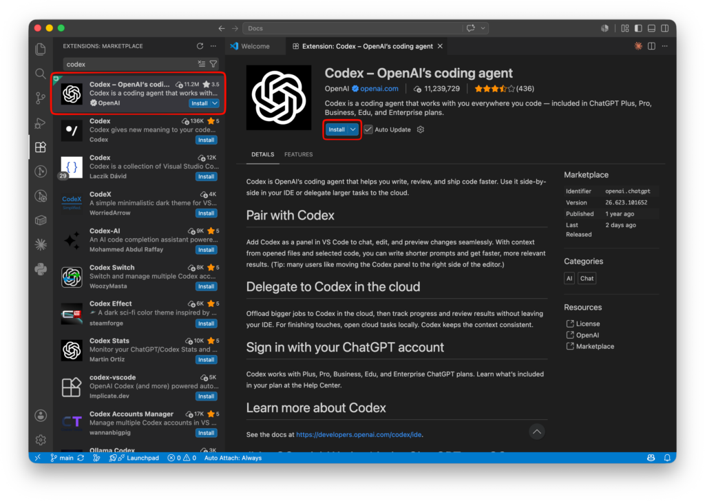 VSCode 扩展市场搜索 Codex 并安装插件