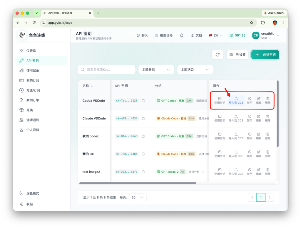 YYLX.IO API 密钥列表点击导入 CCS 按钮