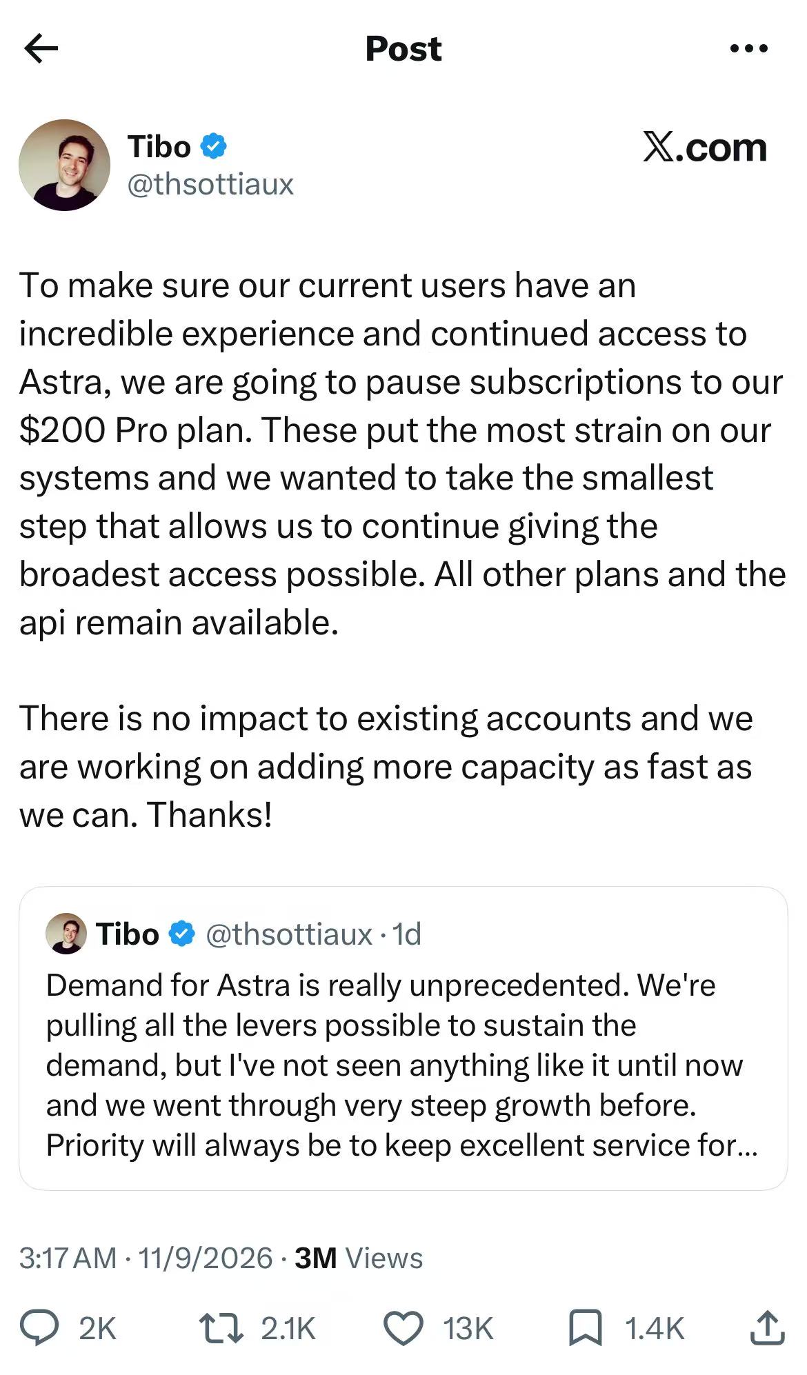 Announcement that new ChatGPT Pro $200 subscriptions are paused