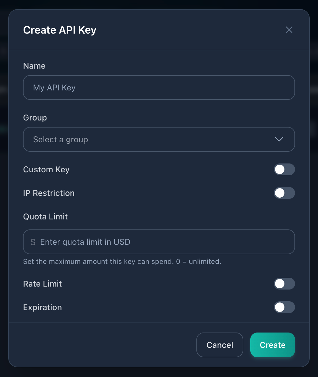 Create Key dialog