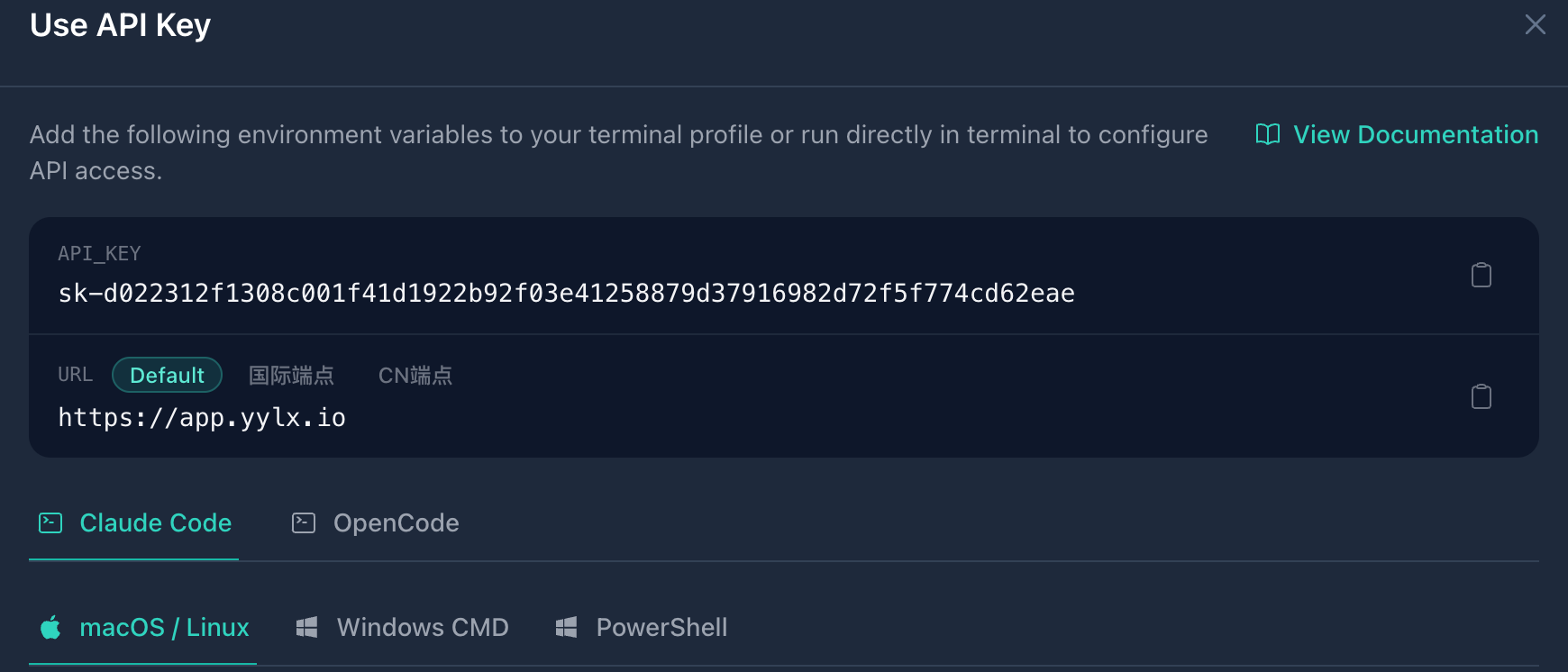 Claude Code configuration in the Use Key dialog