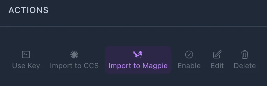 Import to Magpie button in the API Keys actions